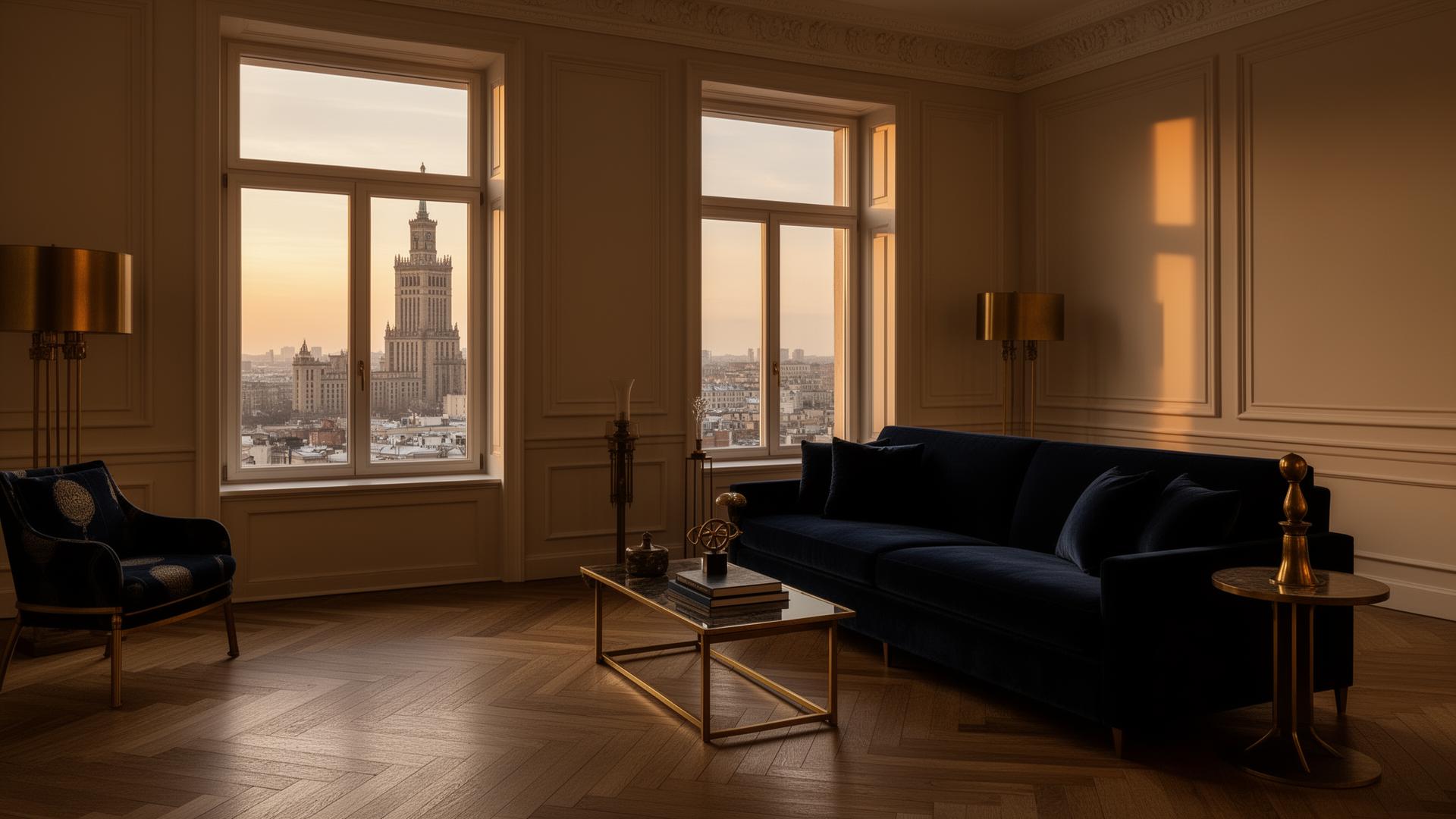 Eleganckie wnętrze apartamentu w Warszawie z widokiem na Pałac Kultury